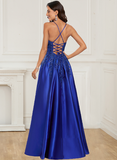 A-Line/Princess Sleeveless Spaghetti Straps Floor-Length Applique Satin Prom Dresses Rjerdress