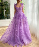 A-Line/Princess Sleeveless Spaghetti Straps Floor-Length Butterfly Tulle Prom Dresses Rjerdress