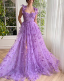 A-Line/Princess Sleeveless Spaghetti Straps Floor-Length Butterfly Tulle Prom Dresses