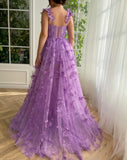 A-Line/Princess Sleeveless Spaghetti Straps Floor-Length Butterfly Tulle Prom Dresses Rjerdress