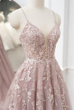 A-Line/Princess Sleeveless V-Neck Floor-Length Applique Tulle Prom Dresses Rjerdress