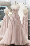 A-Line/Princess Sleeveless V-Neck Floor-Length Applique Tulle Prom Dresses Rjerdress