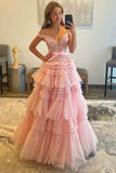 A-Line Princess Tulle Off-the-Shoulder Tiered Prom Dresses Rjerdress