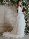 A-Line/Princess Tulle Ruffles Scoop Long Sleeves Sweep/Brush Train Wedding Dresses