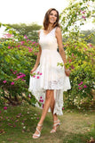 A-Line Princess V-Neck Lace Sleeveless Asymmetrical Lace High Low Bridesmaid Dresses Rjerdress