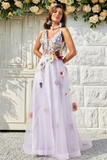 A-Line/Princess V-Neck Sleeveless Floor-Length Flower Tulle Prom Dresses