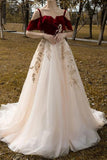 A Line Red Appliques Tulle Long Straps Sleeveless Floor-Length Prom Dresses RJS180
