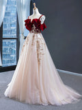 A Line Red Appliques Tulle Long Straps Sleeveless Floor-Length Prom Dresses RJS180 Rjerdress