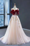 A Line Red Appliques Tulle Long Straps Sleeveless Floor-Length Prom Dresses RJS180 Rjerdress