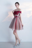 A Line Red Off the Shoulder Above Knee Short Sleeve Flowers Homecoming Dresses UK