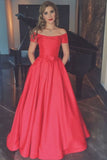 A Line Red Scoop Neck Short Sleeves Satin Prom Dresses With Pockets Rjerdress