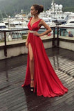 A-Line Red Simple With Slip Side Satin Chiffon Charming Deep V-Neck Sleeveless Prom Dresses RJS250