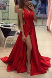 A-Line Red Simple With Slip Side Satin Chiffon Charming Deep V-Neck Sleeveless Prom Dresses RJS250 Rjerdress