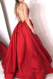 A Line Red Sleeveless V Neck with Side Split Floor Length Open Back Satin Prom Dresses RJS52 Rjerdress