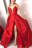 A Line Red Sleeveless V Neck with Side Split Floor Length Open Back Satin Prom Dresses RJS52