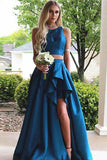 A Line Red Two Piece Satin Scoop Neck A-line Sweep Train Split Front Prom Dresses Rrjs623 Rjerdress
