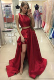 A Line Red Two Piece Satin Scoop Neck A-line Sweep Train Split Front Prom Dresses Rrjs623 Rjerdress