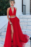 A Line Red Two Piece V Neck Beads High Neck Slit Tulle Long Prom Dresses RJS57