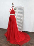 A Line Red Two Piece V Neck Beads High Neck Slit Tulle Long Prom Dresses RJS57 Rjerdress