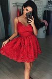 A Line Red V Neck Lace Appliques Spaghetti Straps Beads Short Homecoming Dresses RJS813