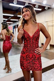 A Line Red V-neck Sequin Spaghetti Straps Homecoming Dress Rjerdress