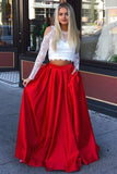 A Line Red and White Long Sleeve Satin Two Piece Prom Dresses with Pockets RJS729
