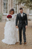 A-Line Round Neck Asymmetric Tulle Open Back Long Sleeves Wedding Dresses Rjerdress