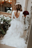 A-Line Round Neck Asymmetric Tulle Open Back Long Sleeves Wedding Dresses Rjerdress