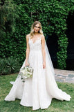 A Line Round Neck Floor Length V Neck Cheap Wedding Dress with Lace Appliques RJS202