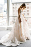 A Line Round Neck Floor Length V Neck Cheap Wedding Dress with Lace Appliques RJS202 Rjerdress
