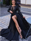 A-Line Round Neck Long Sleeves Black Long Prom Dress Rjerdress