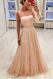A Line Round Neck Long Sleeves Champagne & Peach Pearls Long Prom Dresses Rjerdress