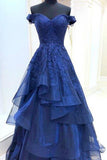 A Line Royal Blue Lace Appliques Sweetheart Beads Long Cheap Prom Dresses with Tulle P1033 Rjerdress