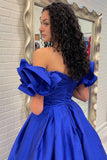 A Line Royal Blue Off The Shoulder Ruffled Sleeve Formal Dresses Rjerdress