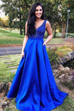 A Line Royal Blue Straps Satin Beads Prom Dresses with Pockets Long Formal Dresses RJS748