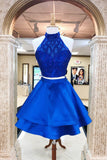A Line Royal Blue Two Pieces Open Back Beaded Short Cocktail Dresses Homecoming Dresses RJS993 Rjerdress
