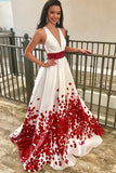 A Line Satin Floral  Prom Dresses V Neck A Line With Beading