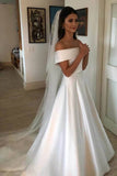 A Line Satin Off the Shoulder Ivory Wedding Dresses Short Sleeves Wedding Gowns Rjerdress