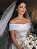 A Line Satin Off the Shoulder Ivory Wedding Dresses Short Sleeves Wedding Gowns Rjerdress