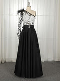 A Line Satin One Shoulder Long Sleeves Split Pockets Prom Dresses With Applique Floor Length Rjerdress
