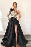 A Line Satin One Shoulder Long Sleeves Split Pockets Prom Dresses With Applique Floor Length