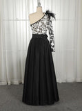 A Line Satin One Shoulder Long Sleeves Split Pockets Prom Dresses With Applique Floor Length Rjerdress