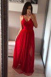 A Line Satin Spaghetti Straps Red Long Simple Prom Dresses With Slit Rjerdress