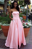 A-Line Satin Strapless Princess Floor-length Beading with Pockets Sleeveless Prom Dresses RJS471 Rjerdress