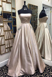 A-Line Satin Strapless Princess Floor-length Beading with Pockets Sleeveless Prom Dresses RJS471 Rjerdress