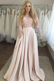 A Line Satin Two Pieces 3/4 Sleeves Scoop Prom Dresses