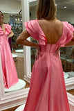 A Line Satin V-Neck Ruffled Sleeve Empire Slit Long Prom Dress Rjerdress