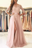 A Line Scoop 3/4 Length Sleeves Tulle With Applique Prom Dresses Sweep Train Rjerdress