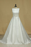 A Line Scoop Beaded Waistline Bridal Dresses Satin With Bow Knot Court Train