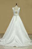 A Line Scoop Beaded Waistline Bridal Dresses Satin With Bow Knot Court Train Rjerdress